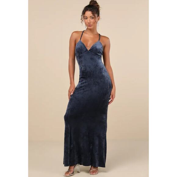 NEW Lulus Immensely Luxe Navy Blue Velour Backless Mermaid Dress - Picture 4 of 12
